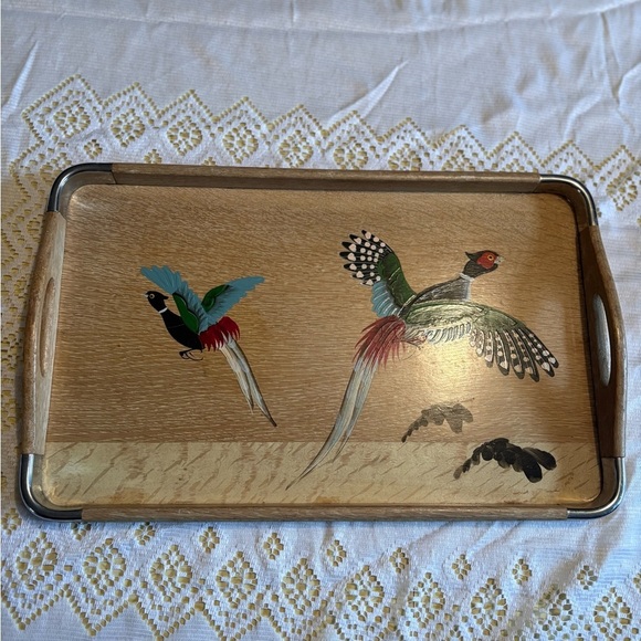 Other - Vintage Wooden Tray with Bird Design